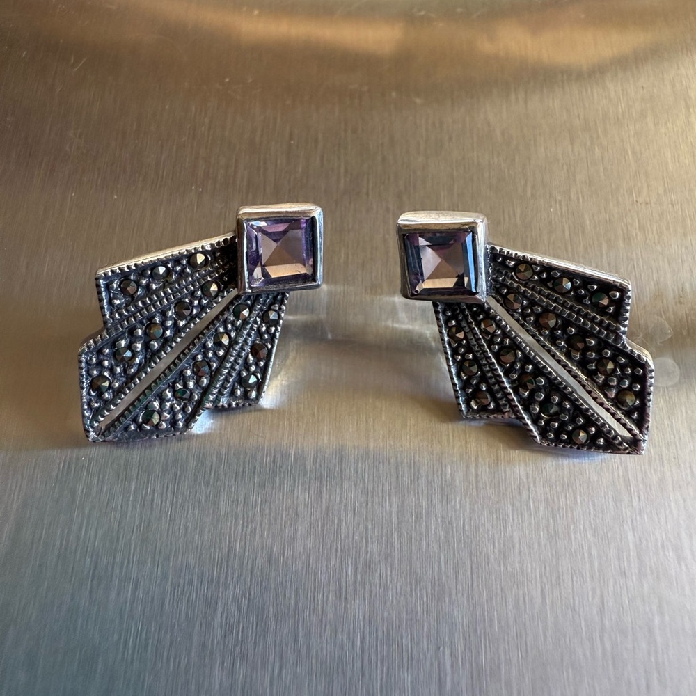 Vintage Sterling Silver Art Deco Amethyst and Marcasite Earrings